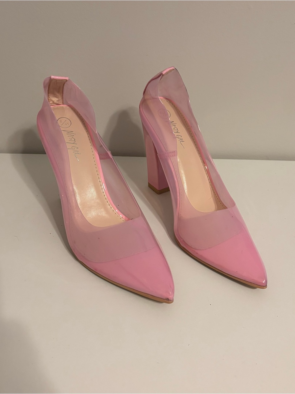 Nasty Gal Pink Pointed PVC Block Heel Pumps-size 8